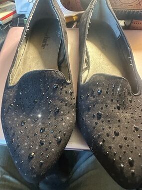 Charming Charlie Black Loafer Flat Shoes with Glitter Design